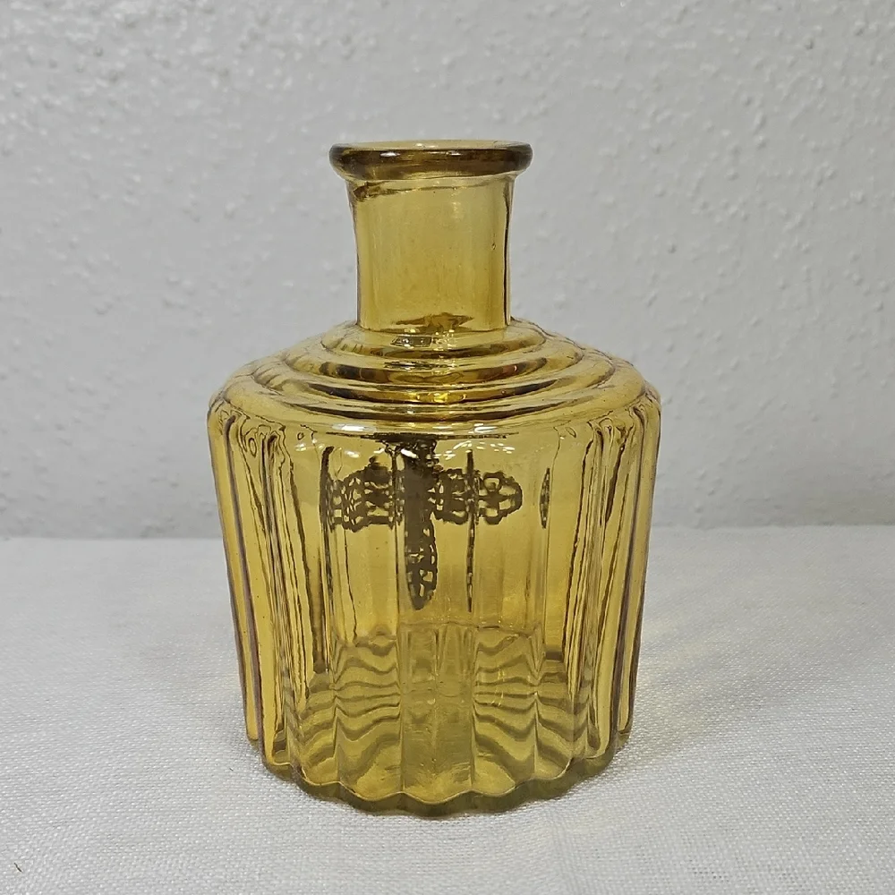 Vintage Yellow Glass Decorative Bottle with Metal Cross Accent  Bud Vase 5"x3.5" - Picture 5 of 9